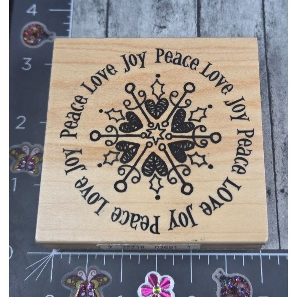 Inkadinkado Peace Joy Love Snowflake 2015 Rubber Stamp Wood #O88